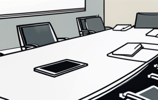 Professionelle Besprechungsumgebung mit Tisch und Stuehlen fuer Gehaltsverhandlungen, inklusive Notizblock, Stiften und digitalem Tablet zur Darstellung der Vorbereitung auf ernsthafte Diskussionen.