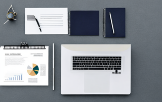 Moderne Bueroeinrichtung mit Laptop, der einen Lebenslauf zeigt, und Notizblock mit strategischen Notizen zur Vorbereitung auf Gehaltsverhandlungen.