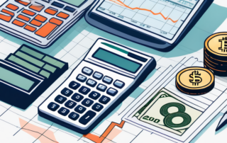 Sammlung verschiedener Waehrungen mit Geldscheinen und Muenzen, Rechner und Grafik zu Gehaltstrends in verschiedenen Branchen.
