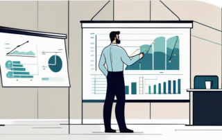 Selbstbewusster Profi praesentiert im modernen Buero eine gut organisierte Grafik und zeigt strategisches Denken sowie Vorbereitung.