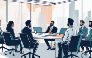 Beeindruckende Unternehmensumgebung mit einer diversen Gruppe junger Fachleute in einem Meeting, hohes Einstiegsgehalt in unerwarteten Berufen, moderne Technologie und Brainstorming an einem eleganten Konferenztisch.