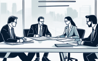 Angespanntes Geschaeftstreffen mit Taschenrechnern und Vertragspapieren auf einem Konferenztisch, symbolisiert Verhandlungskomplexitaeten bei Einstiegsgehaeltern.