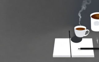 Eleganter Konferenzraum mit Notizblock, Stift und dampfender Tasse Kaffee auf dem Tisch.