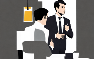 Selbstbewusster Profi in Businesskleidung in modernem Buero bei Verhandlung und assertiver Kommunikation.