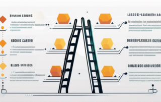 Infografik mit siebenstufiger Leiter, geometrische Symbole fuer berufliche Entwicklung und Karrierefortschritte von Steuerfachleuten, subtiler Hintergrundverlauf zeigt Wachstum.