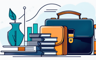 Symbolische Objekte fuer finanziellen Erfolg und Karrierefortschritt wie Aktentasche, Taschenrechner und Absolventenhut, strategische Gehaltsplanung angedeutet.