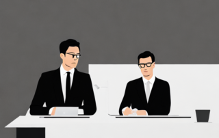 Selbstbewusster Profi in Businesskleidung im modernen Buero am Schreibtisch bei konzentriertem Gespraech.