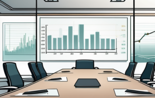 Konferenzraum mit Praesentationstafel, Diagrammen und Finanzzahlen, Hinweise auf professionelle Kleidung und Aktentaschen, unternehmerischer Erfolg.