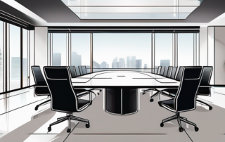 Moderner Konferenzraum mit Glasstisch und Hochlehner-Stuehlen, ideal fuer Gehaltsverhandlungen, zeigt gut vorbereitete Unterlagen und professionelle Atmosphaere.