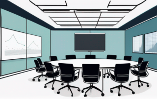 Konferenzraum mit Praesentationstafel, digitalen Diagrammen und Statistiken, modernen Moebeln, rundem Tisch und ergonomischen Stuehlen.