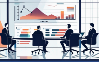 Konferenzraum mit Praesentationsbildschirm, der Diagramme und Strategien fuer Gehaltserhoehungen zeigt