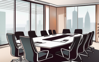 Professionelles Konferenzraum-Setting mit eleganter Tischkonstellation und hochwertigen Stuehlen fuer wichtige Verhandlungen, weiches Licht und moderne Dekoration fuer ernsthafte Geschaeftsgespraeche.