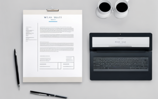 Elegantes Buero mit Lebenslauf auf Schreibtisch neben Laptop, Stift und Notizblock, zeigt kompetenten Bewerber.