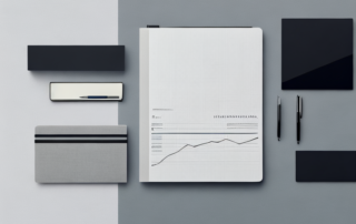 Professionelles Buero mit modernem Schreibtisch, offenem Laptop mit Grafiken, und Notizbuch mit Finanzzahlen, strategische Planung und Karrierefortschritt.