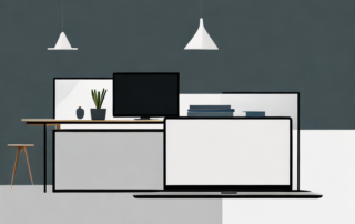 Buero mit Schreibtisch, Laptop und modernen Moebeln, zeigt Professionalitaet und Einsatzbereitschaft