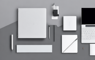 Professioneller Schreibtisch mit elegantem Laptop, ordentlichem Notizbuch und gut organisiertem Buerozubehoer.