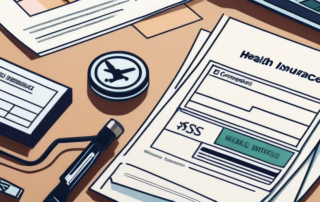 Mitarbeiter-Vorteile Nahaufnahme mit Gesundheitskarten, Aktienoptionen und Modell eines Fitnesscenters auf modernem minimalistischem Schreibtisch