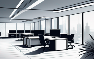 Moderner Bueroarbeitsplatz mit hochwertigen Arbeitsbereichen und modernster Technologie, ideal fuer neue Mitarbeiter.