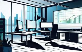 Modernes Buero mit High-Tech Computern und Finanzdiagrammen auf den Bildschirmen, innovative Methoden zur Verbesserung der Gehaelter von Buchhaltern und Steuerspezialisten, neueste Gadgets und Werkzeuge in der Finanzbranche.