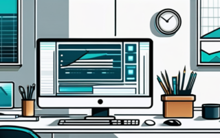 Moderner Bueroarbeitsplatz mit High-Tech-Ausstattung, aktuellen Gadgets und ordentlich organisierten Bueroartikeln zur Steigerung der Effizienz im Finanzbereich