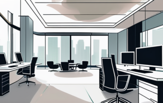 Moderner Bueroeinrichtung mit hochwertigem Schreibtisch, ergonomischen Stuehlen und digitalen Geraeten, repraesentiert ein professionelles Arbeitsumfeld in der Buchhaltungsbranche.