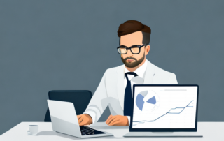 Selbstbewusster Profi im Businessoutfit am Schreibtisch mit Laptop und strategischen Diagrammen in modernem Buero.