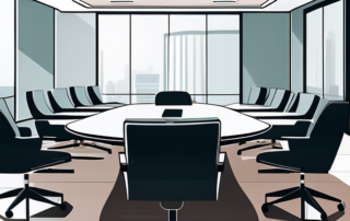 Professioneller Besprechungsraum mit grossem polierten Tisch und bequemen Stuehlen, ideal fuer wichtige Diskussionen und Gehaltsverhandlungen, gut beleuchtet.