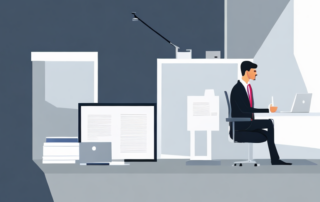 professioneller experte am schreibtisch mit laptop und dokumenten in modernem buero