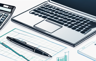 Ordentlich angeordneter Schreibtisch mit Laptop, Notizblock, Stift und Taschenrechner, symbolisiert professionelles Arbeitsumfeld fuer finanziellen Erfolg, Diagramm mit steigender Tendenz zeigt wachsendes Einkommen.