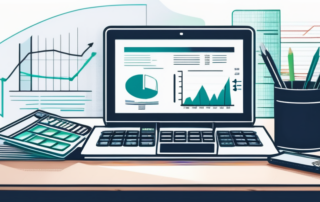 Schreibtisch mit modernem Laptop, Finanzdokumenten und Taschenrechner, symbolisiert Strategien zur Gehaltserhoehung im Steuerwesen.