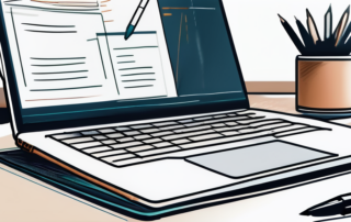 Nahaufnahme eines ordentlich organisierten Schreibtisches mit einem Laptop, der eine professionelle Praesentation zeigt, einem Notizblock mit Stichpunkten und einem eleganten Stift, symbolisch fuer strategische Vorbereitung auf eine Gehaltsanpassung.