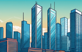 Stadtansicht mit modernen Wolkenkratzern unter klarem blauen Himmel, Symbol fuer wirtschaftliche Prosperitaet und hohes Einkommenspotential, belebter Geschaeftsviertel deutet auf blühende Karrieremoeglichkeiten hin.