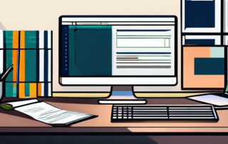 Hochwertiger Arbeitsplatz mit modernem Schreibtisch, Computer und Finanzliteratur, professionell gestaltet fuer Erfolg in steuerbezogenen Berufen.