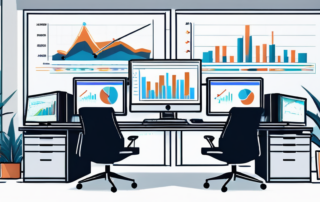 Moderne, gut organisierte Buero-Umgebung mit hochwertigen Computern und fortschrittlicher Finanzsoftware auf den Bildschirmen, Symbol fuer verbesserte Strategien zur Steigerung von Steuerberatergehaeltern, mit dezenten Grafikelementen wie Aufwaertspfeilen und Diagrammen im Hintergrund, die Wachstum und Verbesserung betonen.