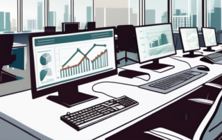 Moderne Bueroeinrichtung mit Schreibtischen und Computern, professionelle Atmosphaere fuer Steuerberater, inklusive Taschenrechner, Finanzdokumenten und Bildschirmen mit Diagrammen und Datenanalysen.