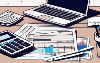 Unordentlicher Schreibtisch mit Steuerformularen, Rechner und Finanzdiagrammen, die haeufige Fehler zeigen, die das Gehalt eines Buchhalters beeinflussen koennten.