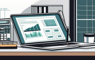 Gut organisierte Arbeitsplatz mit Rechner und Finanzdokumenten zur Optimierung der Buchhaltungsgehaelter.
