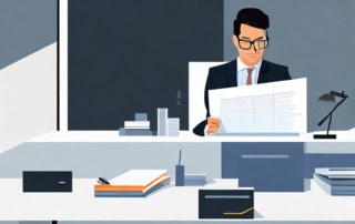 Selbstbewusster Profi ueberprueft Dokument am modernen Buero-Schreibtisch, symbolisiert strategische Vorbereitung.