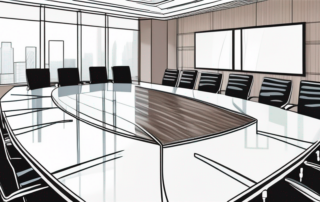 Sleekes Konferenzraum-Setting mit modernem Glastisch, hohen Stuehlen und Symbolen professioneller Verhandlungen, Notizblock, Stift und Tablet fuer optimale Vorbereitung auf Gehaltsgespraeche.