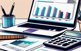 Moderne Buero-Umgebung mit Taschenrechner, Finanzdokumenten und offenem Laptop mit Grafiken, sauber auf einem Schreibtisch arrangiert.