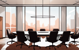 Leerer Konferenzraum mit grossem ovalen Tisch und hohen Rueckenlehnen, perfekt fuer ernsthafte Gespraeche wie Gehaltsverhandlungen, helles Fenster mit natuerlichem Licht auf polierten Holzoberflaechen.