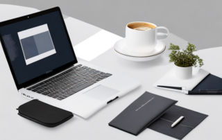 Ordentliches Buero mit Laptop, Notizblock und Kaffeetasse fuer Gehaltsplanung.