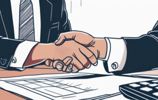 Nahaufnahme von zwei Geschaeftsleuten bei einer Diskussion ueber ein Dokument mit Rechner und Finanzdiagrammen auf dem Tisch, symbolisch fuer Gehaltsverhandlungen.