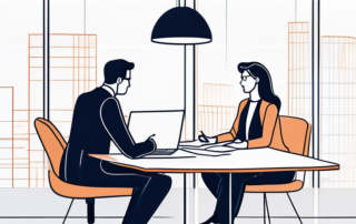 Verhandlung im Buero mit zwei Personen, die Dokumente pruefen und Strategien fuer ein hoeheres Einstiegsgehalt diskutieren.