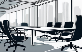 Professioneller und ruhiger Bueroarbeitsplatz fuer wichtige berufsbezogene Gespraeche mit poliertem Konferenztisch und ergonomischen Stuehlen.