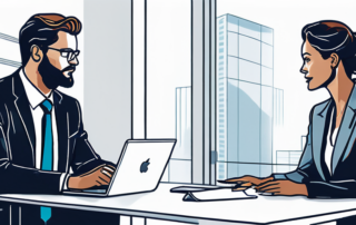 Verhandlungsszene in einem Buero mit zwei Personen, die professionell an einem modernen Schreibtisch diskutieren, umgeben von minimalistischer Dekoration und Technologie wie Laptops und digitalen Tablets.