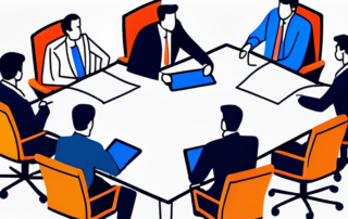 Professionelle Besprechungsumgebung mit Verhandlungstisch, Stuehlen, Papierkram und digitalen Geraeten fuer Gehaltsverhandlungen.