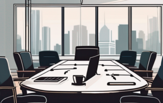 Besprechungsraum fuer Gehaltsverhandlungen mit elegantem Schreibtisch, Stiften, Notizblöcken und Kaffeetassen, weiches Licht und neutrale Farben für geschäftliche Diskussionen.