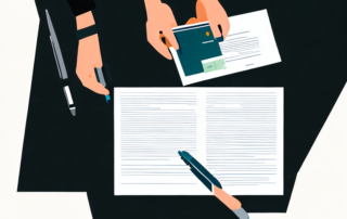 Person mit Stift ueber Vertrag, daneben Taschenrechner und Finanzdokumente auf Schreibtisch, symbolisiert durchdachte Vorbereitung.