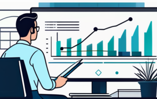 Selbstbewusster Mitarbeiter praesentiert Wachstumskurve neben aufmerksamem Zuhoerer in modernem Buero, Diskussion ueber Fortschritt und Vorteile.